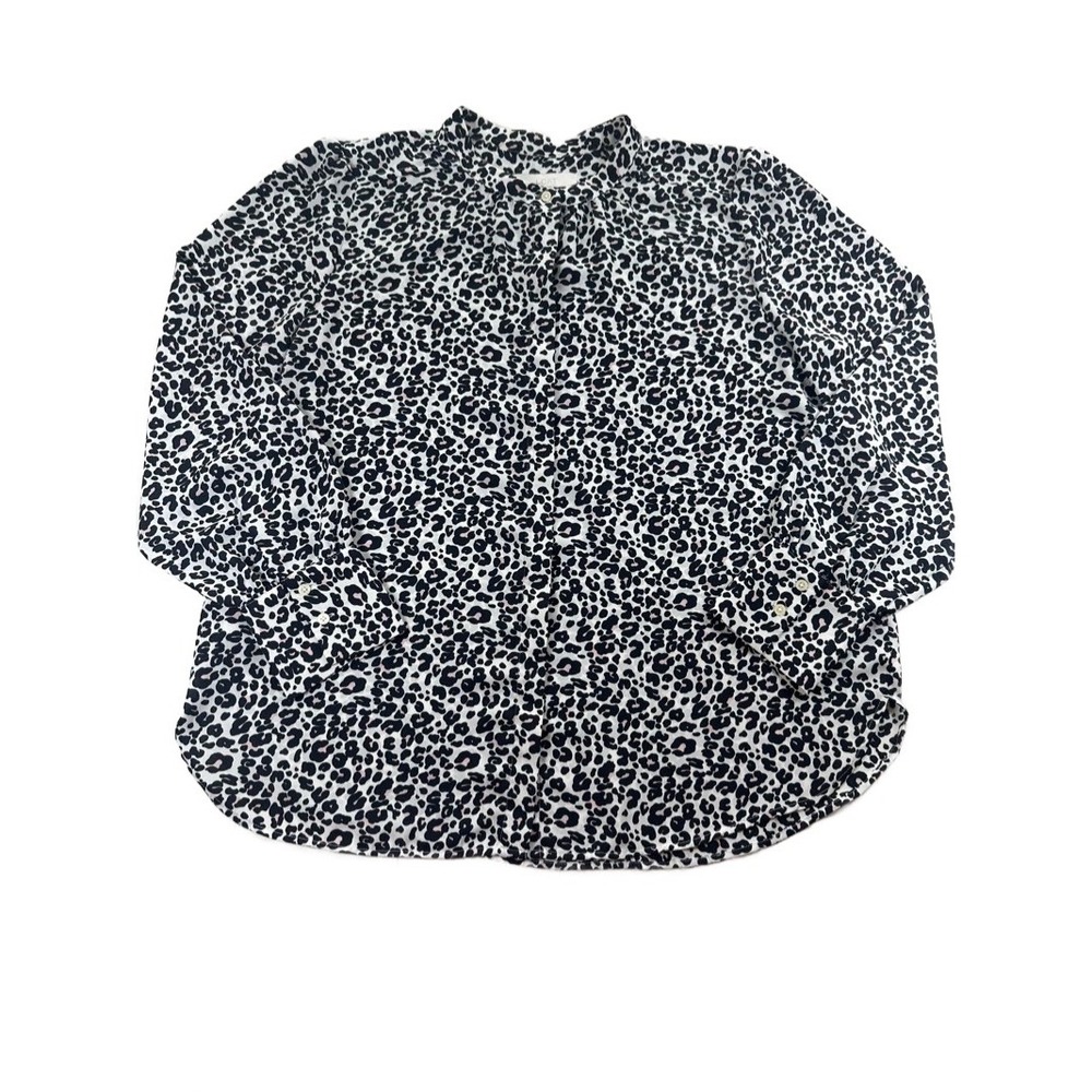 LOFT Blouse Women XL Leopard Print Black White Pink Button Down Long Sleeve Top
